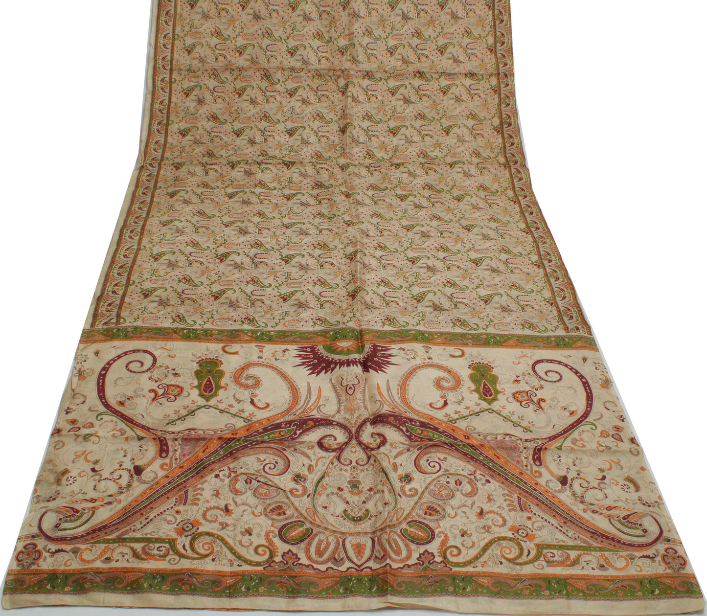 Sushila Vintage Cream Saree 100% Pure Silk Printed Paisley Soft Craft 5YD Fabric