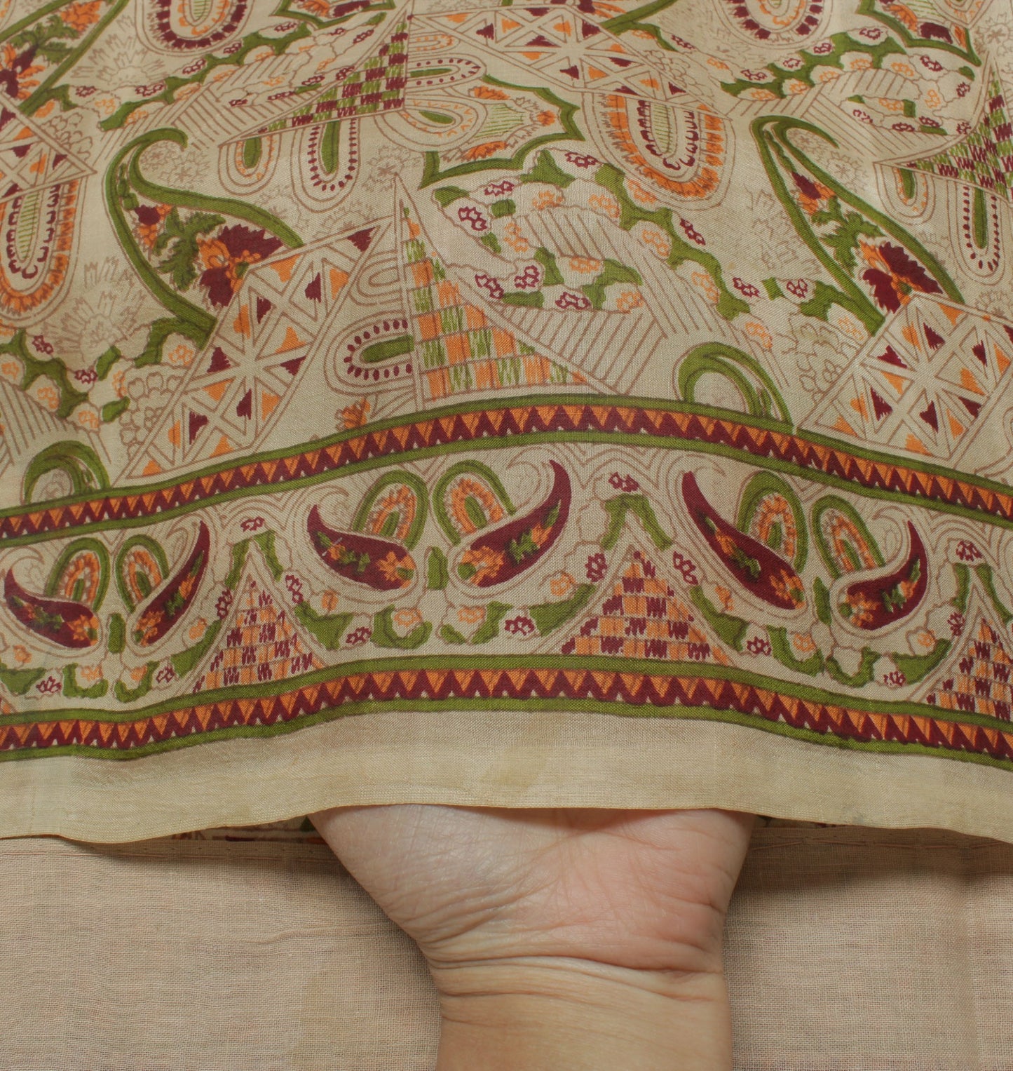 Sushila Vintage Cream Saree 100% Pure Silk Printed Paisley Soft Craft 5YD Fabric