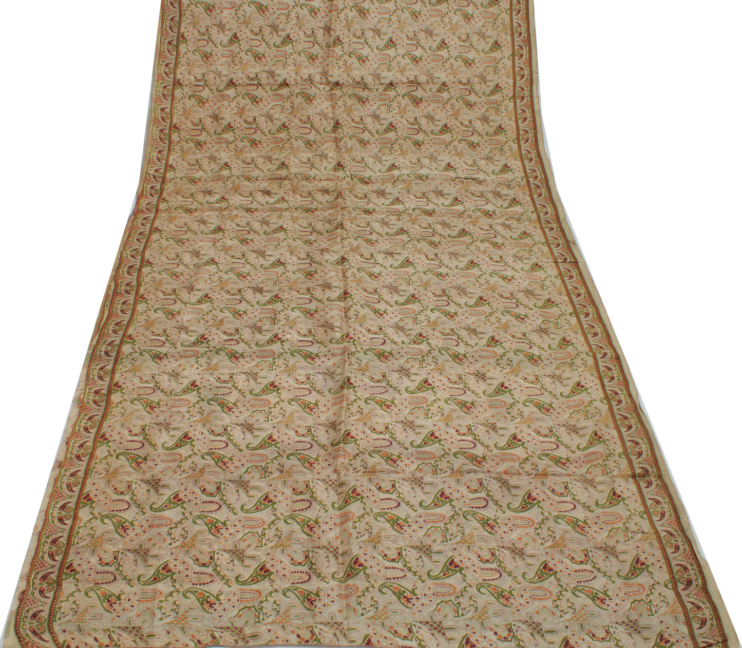 Sushila Vintage Cream Saree 100% Pure Silk Printed Paisley Soft Craft 5YD Fabric