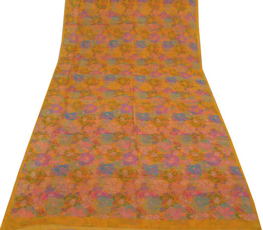 Sushila Vintage Yellow Sari 100% Pure Georgette Silk Printed Floral Craft Fabric