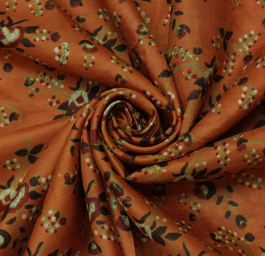 Sushila Vintage Brown Saree 100% Pure Silk Printed Floral Soft Craft Fabric