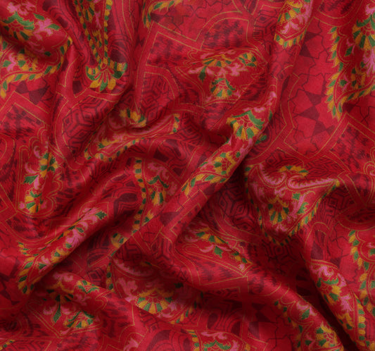 Sushila Vintage Red  Saree 100% Pure Silk Printed Floral 5 Yard Craft Fabric