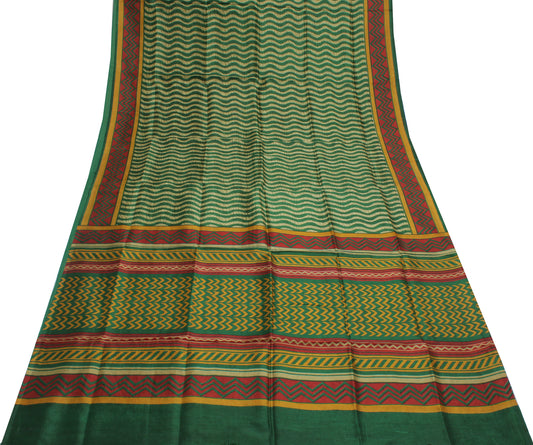 Sushila Vintage Green Saree 100% Pure Silk Printed Leheria Soft Craft Fabric