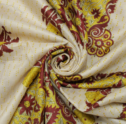 Sushila Vintage Cream Saree 100% Pure Silk Printed Floral Soft Craft Sari Fabric