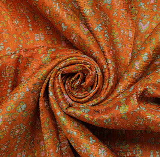 Sushila Vintage Orange Saree 100% Pure Silk Printed Abstract 5 Yard Craft Fabric