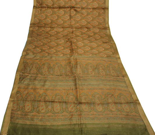 Sushila Vintage Green Saree 100% Pure Silk Printed Paisley Soft Craft Fabric