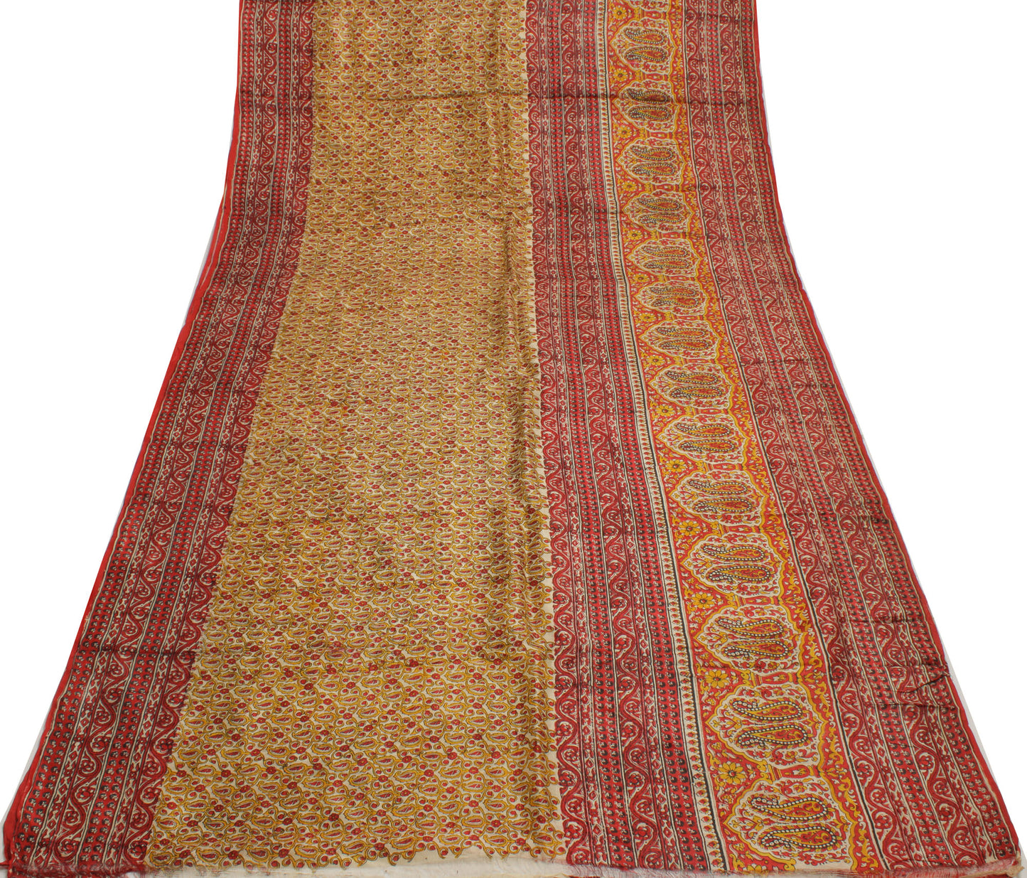 Sushila Vintage Cream Saree 100% Pure Silk Printed Floral Soft Sari Craft Fabric