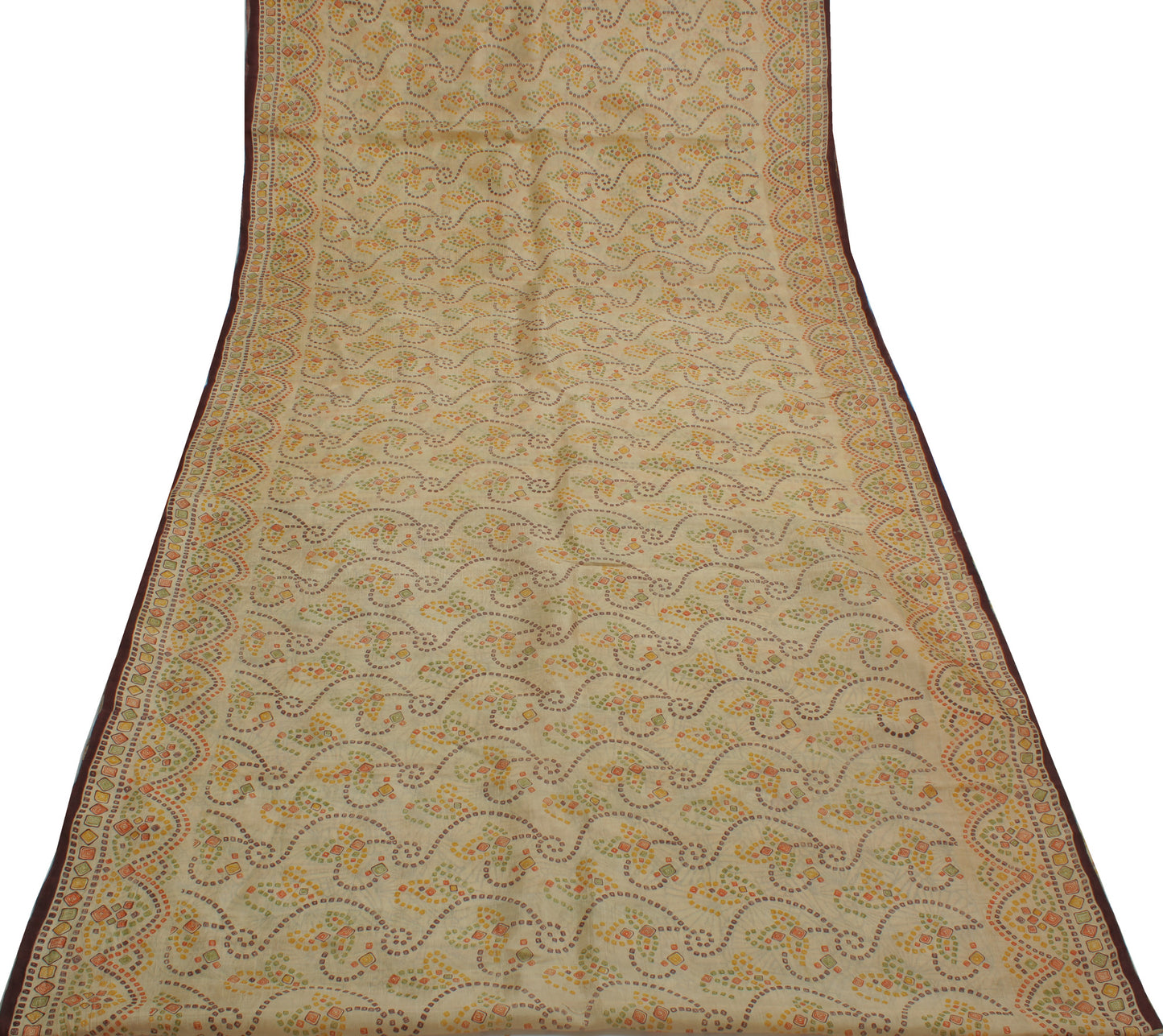 Sushila Vintage Cream Saree 100% Pure Silk Printed Bandhani Soft Craft Fabric