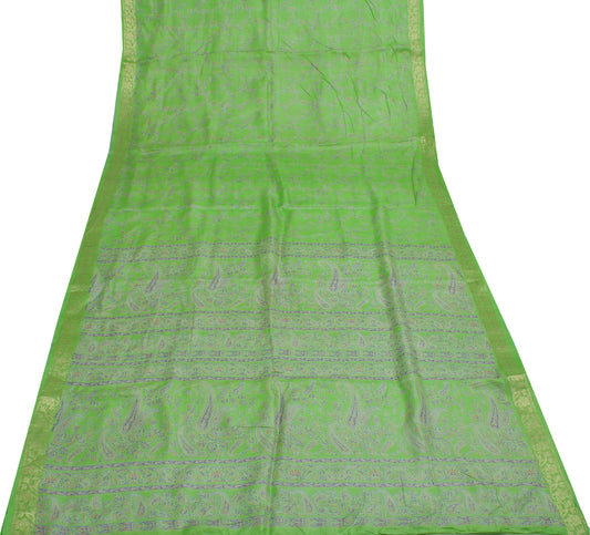 Sushila Vintage Green Saree 100% Pure Silk Printed Floral Soft Sari Craft Fabric