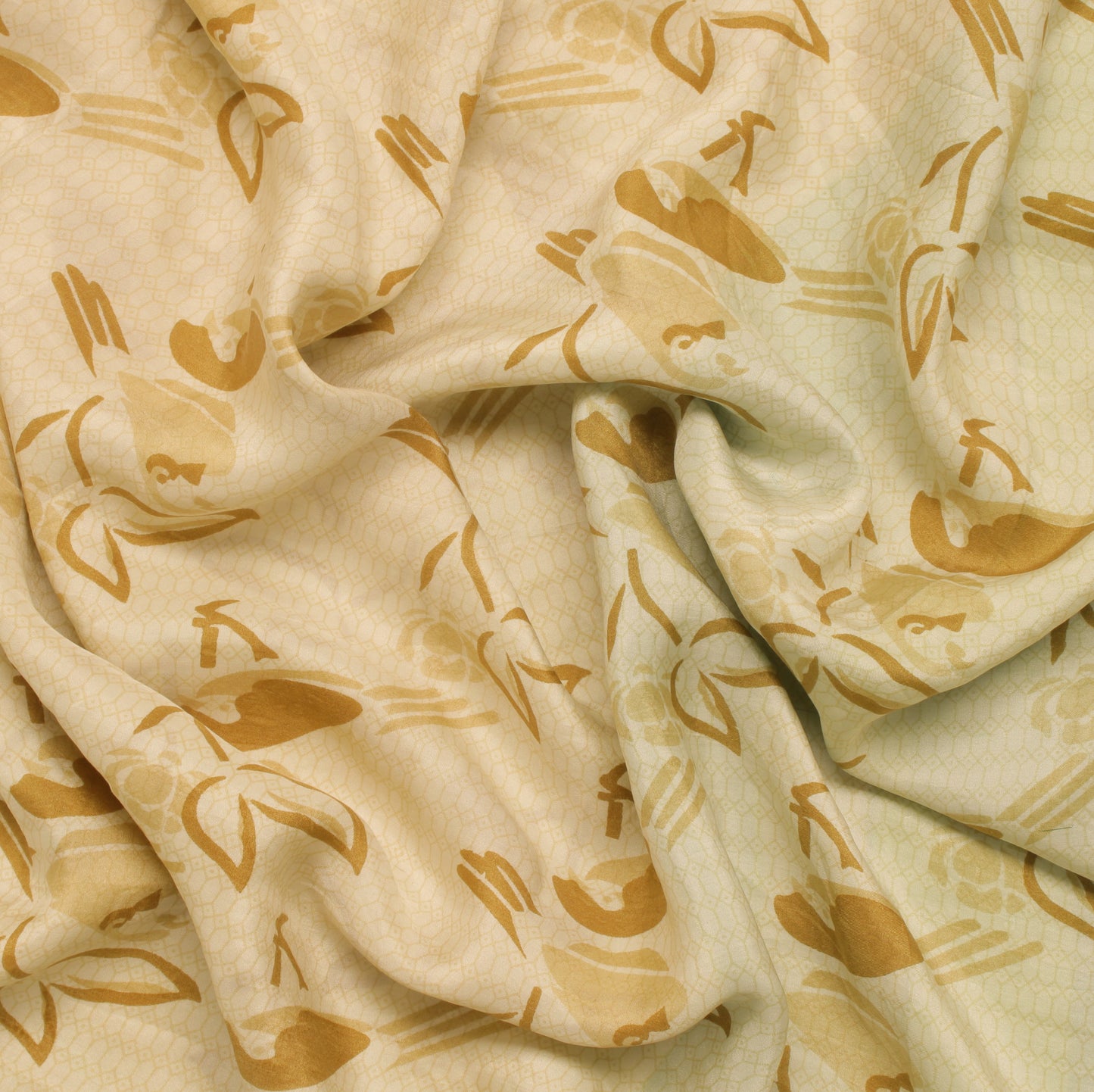 Sushila Vintage Cream Saree 100% Pure Silk Printed Birds Soft Sari Craft Fabric