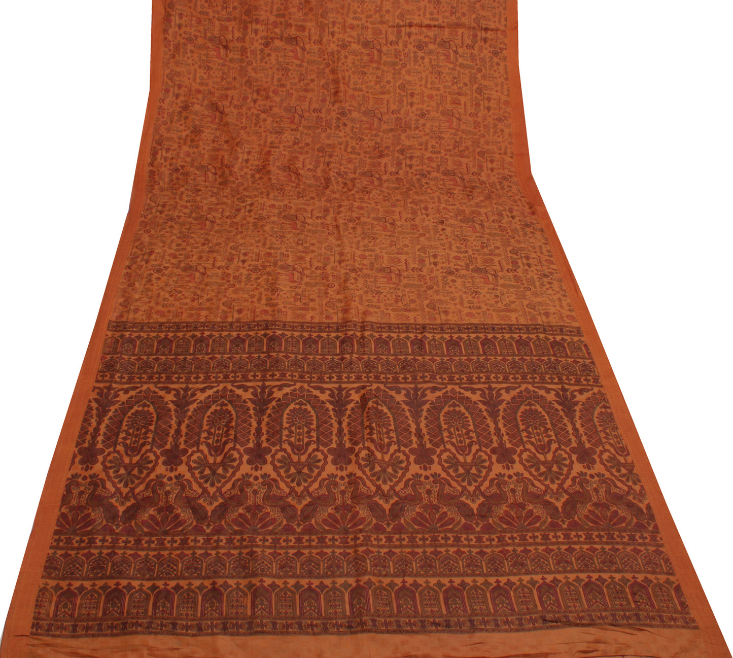 Sushila Vintage Brown Saree 100% Pure Silk Printed Animals & Human Craft Fabric