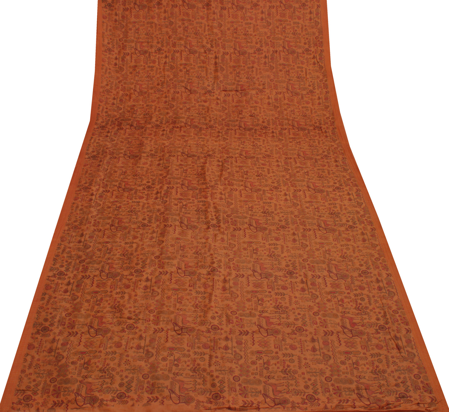 Sushila Vintage Brown Saree 100% Pure Silk Printed Animals & Human Craft Fabric