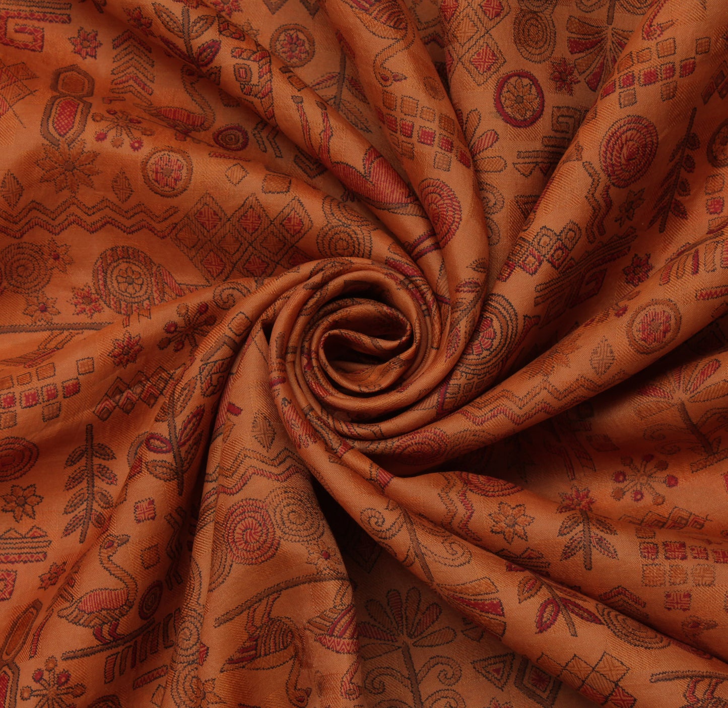 Sushila Vintage Brown Saree 100% Pure Silk Printed Animals & Human Craft Fabric