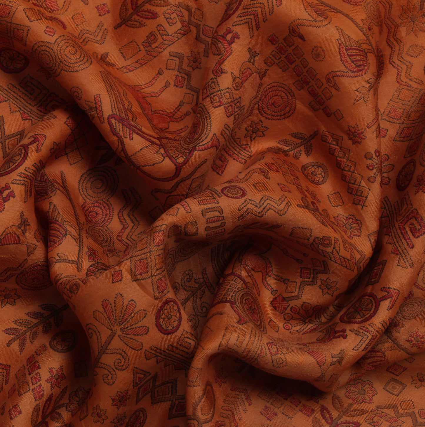 Sushila Vintage Brown Saree 100% Pure Silk Printed Animals & Human Craft Fabric