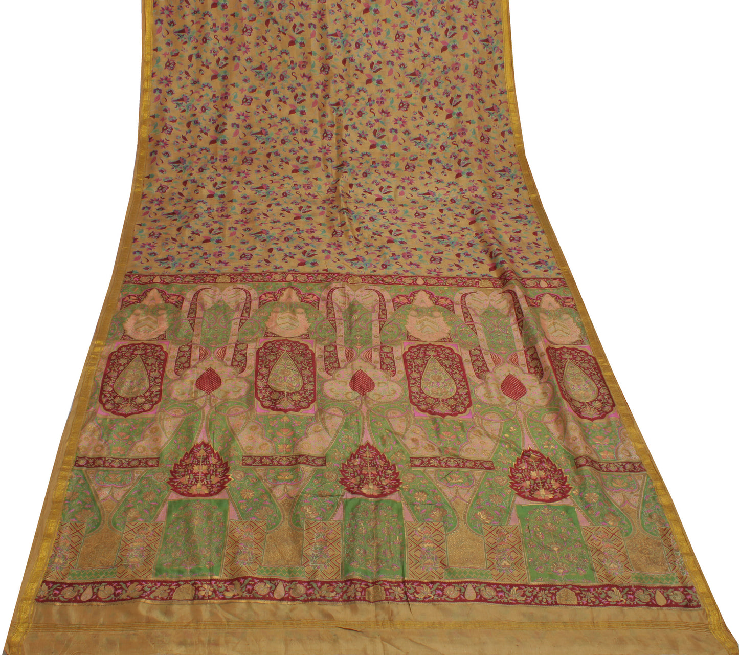 Sushila Vintage Light Brown Saree 100% Pure Silk Printed Floral Craft Fabric