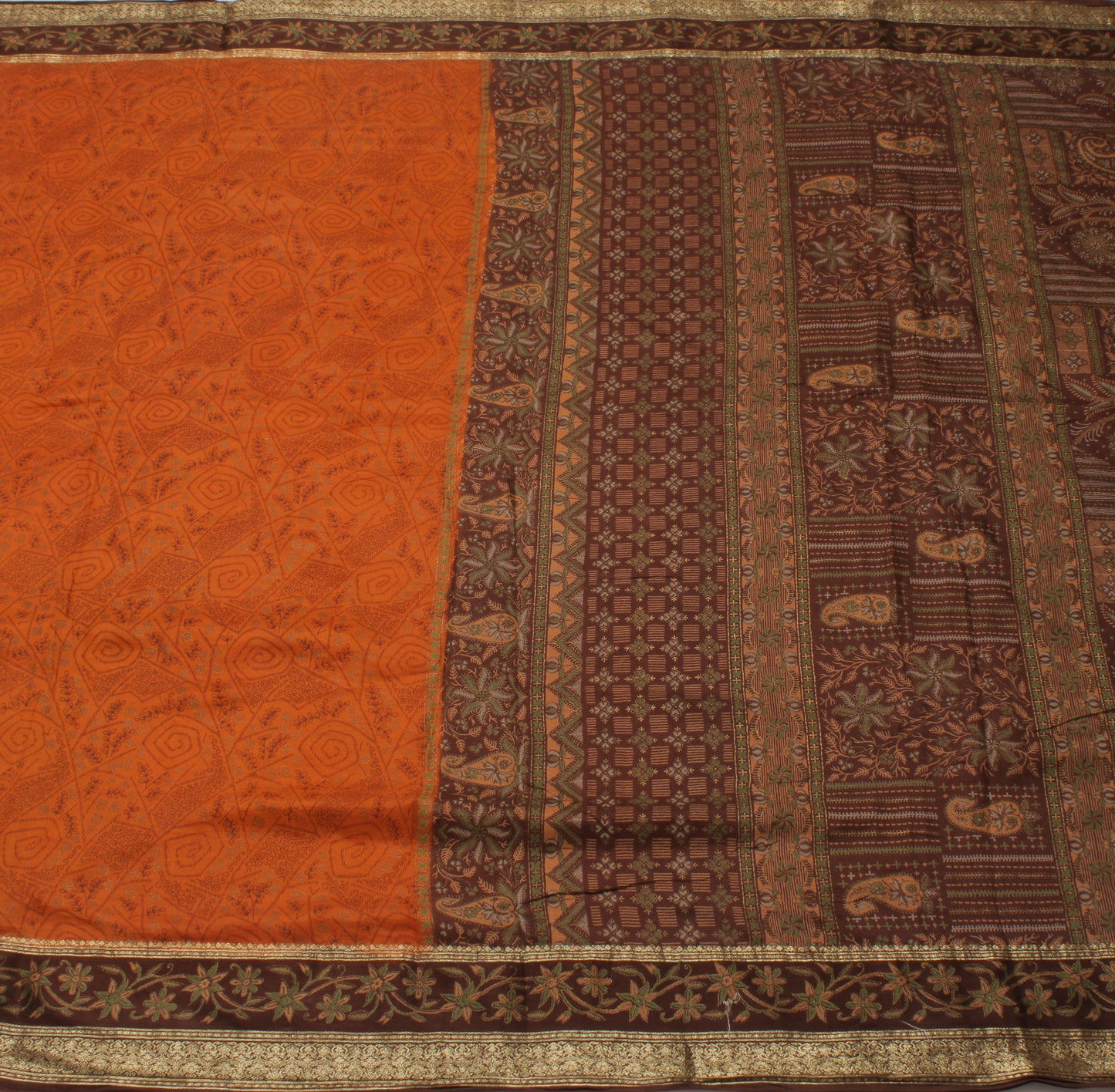 Sushila Vintage Rust Saree 100% Pure Silk Printed Floral Soft Sari Craft Fabric