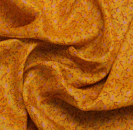 Sushila Vintage Mustard Saree 100% Pure Silk Printed Floral 5 Yard Craft Fabric