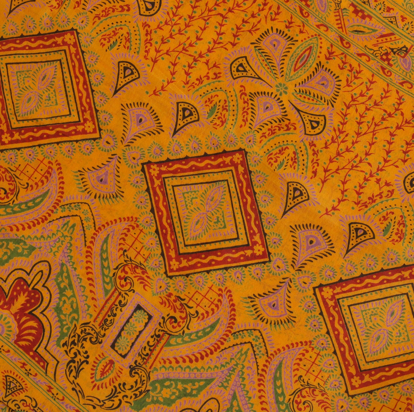 Sushila Vintage Mustard Saree 100% Pure Silk Printed Floral 5 Yard Craft Fabric