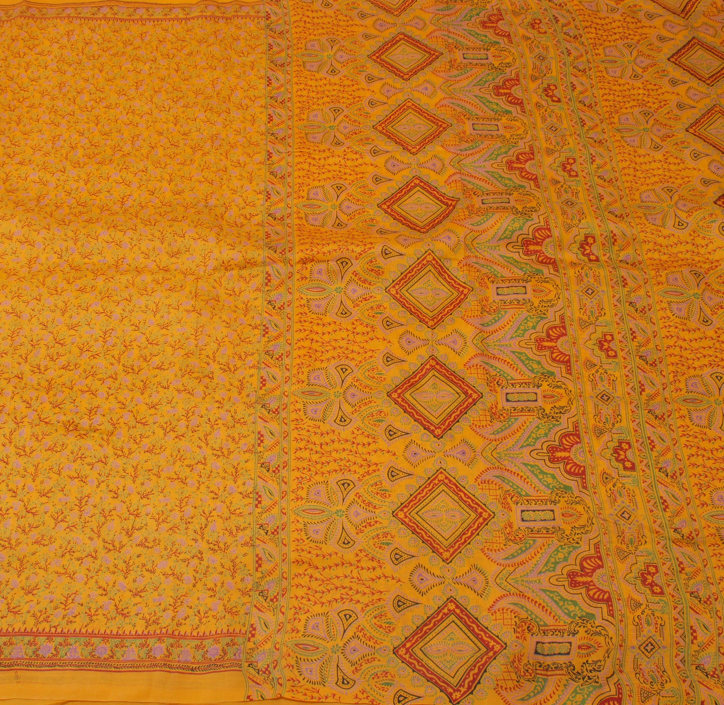 Sushila Vintage Mustard Saree 100% Pure Silk Printed Floral 5 Yard Craft Fabric