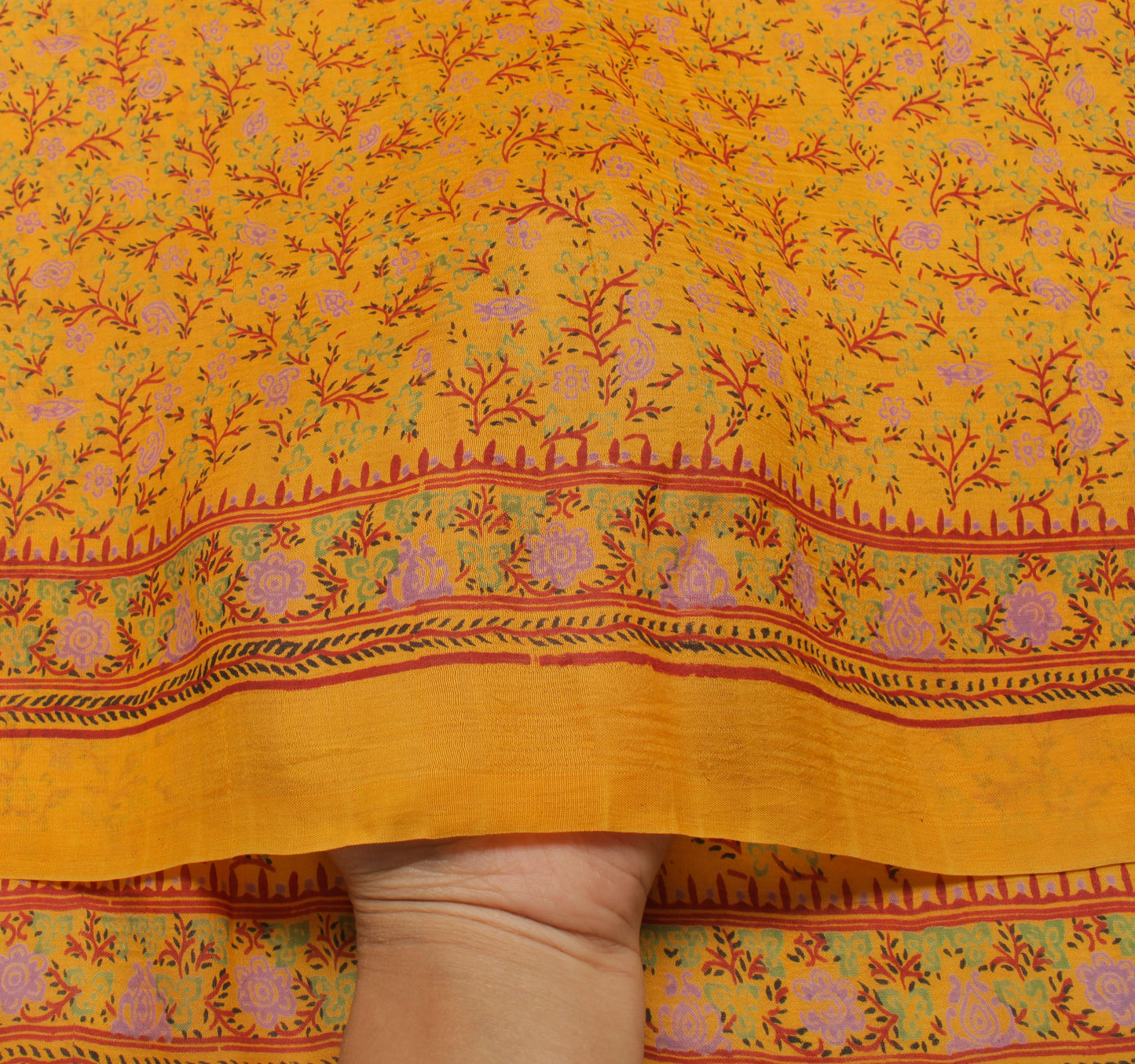 Sushila Vintage Mustard Saree 100% Pure Silk Printed Floral 5 Yard Craft Fabric