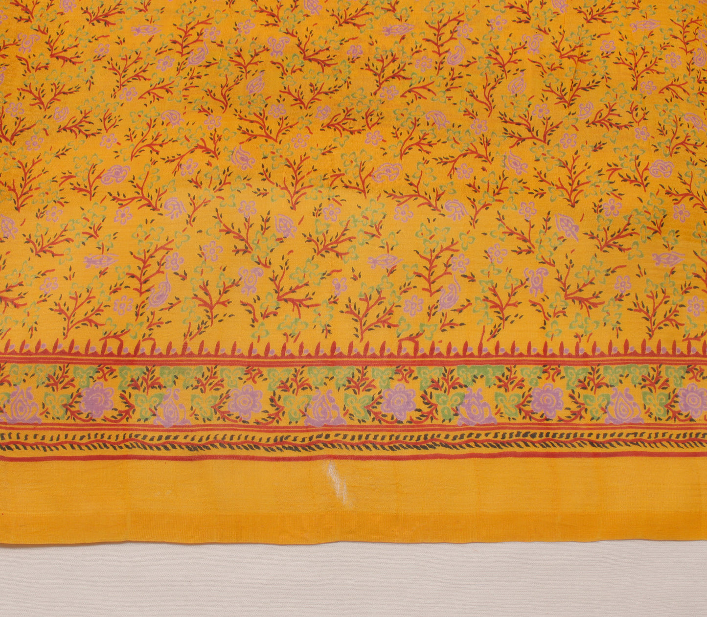 Sushila Vintage Mustard Saree 100% Pure Silk Printed Floral 5 Yard Craft Fabric