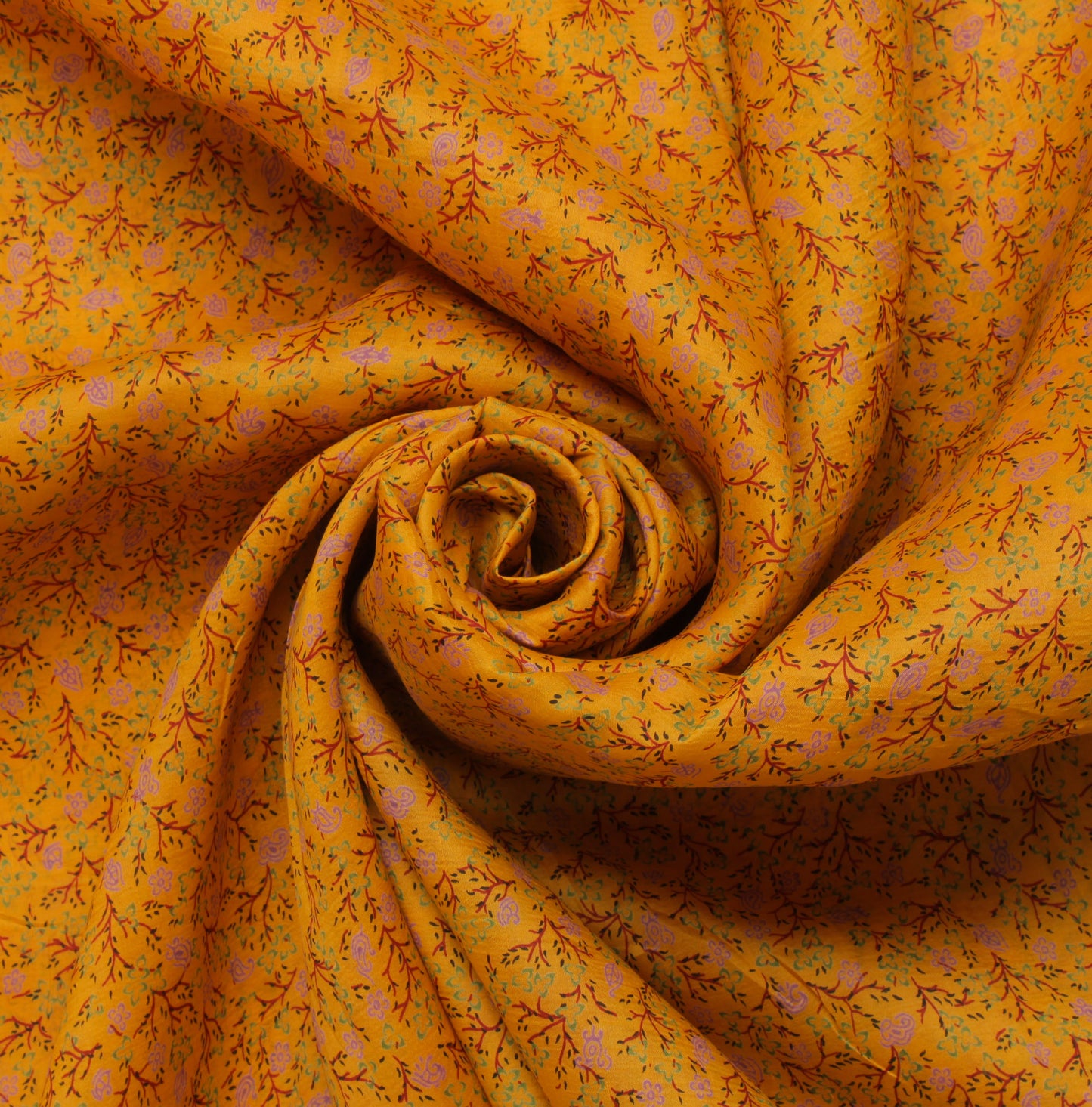 Sushila Vintage Mustard Saree 100% Pure Silk Printed Floral 5 Yard Craft Fabric