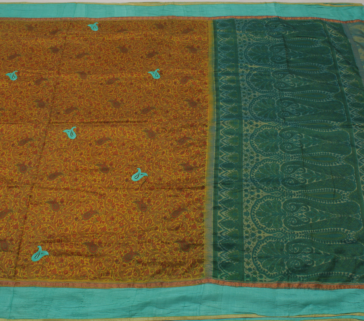 Sushila Vintage Mustard Saree 100% Pure Silk Printed Paisley Soft Craft Fabric