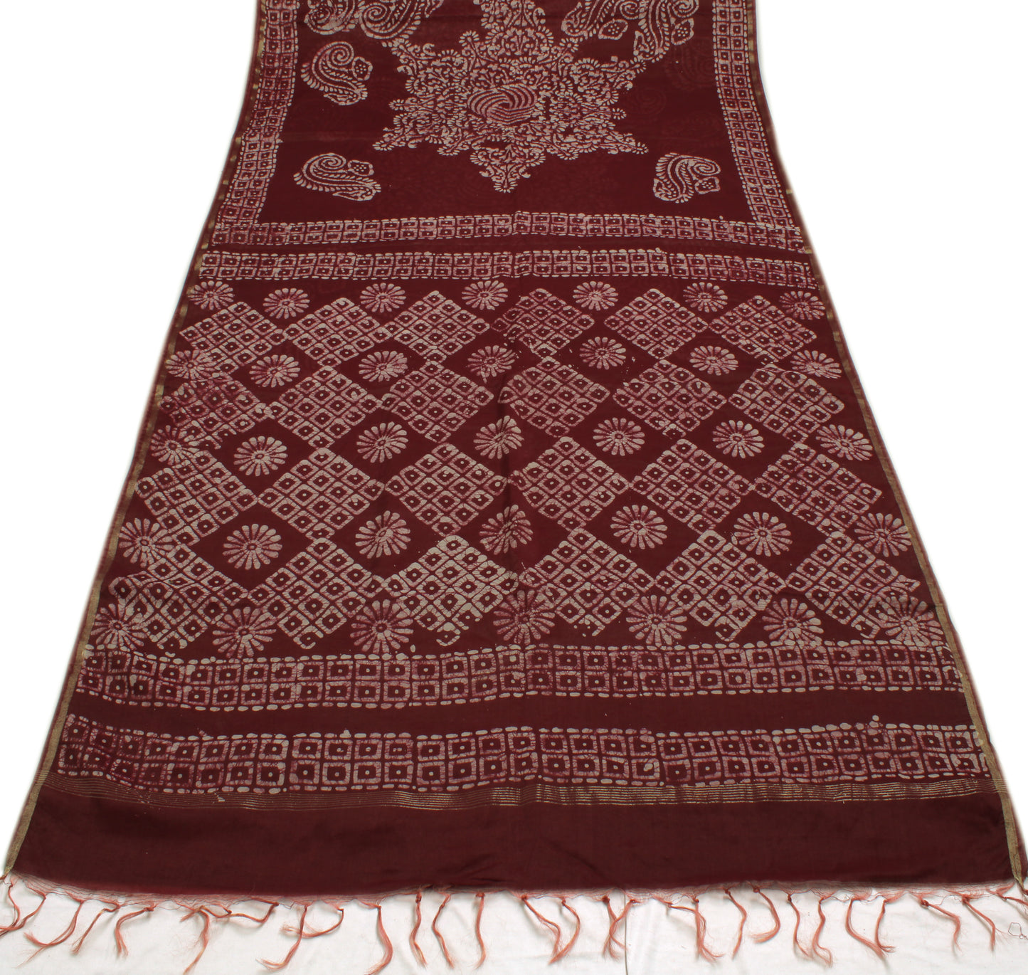 Sushila Vintage dark Maroon Indian Saree Blend Silk Batik Printed Craft Fabric