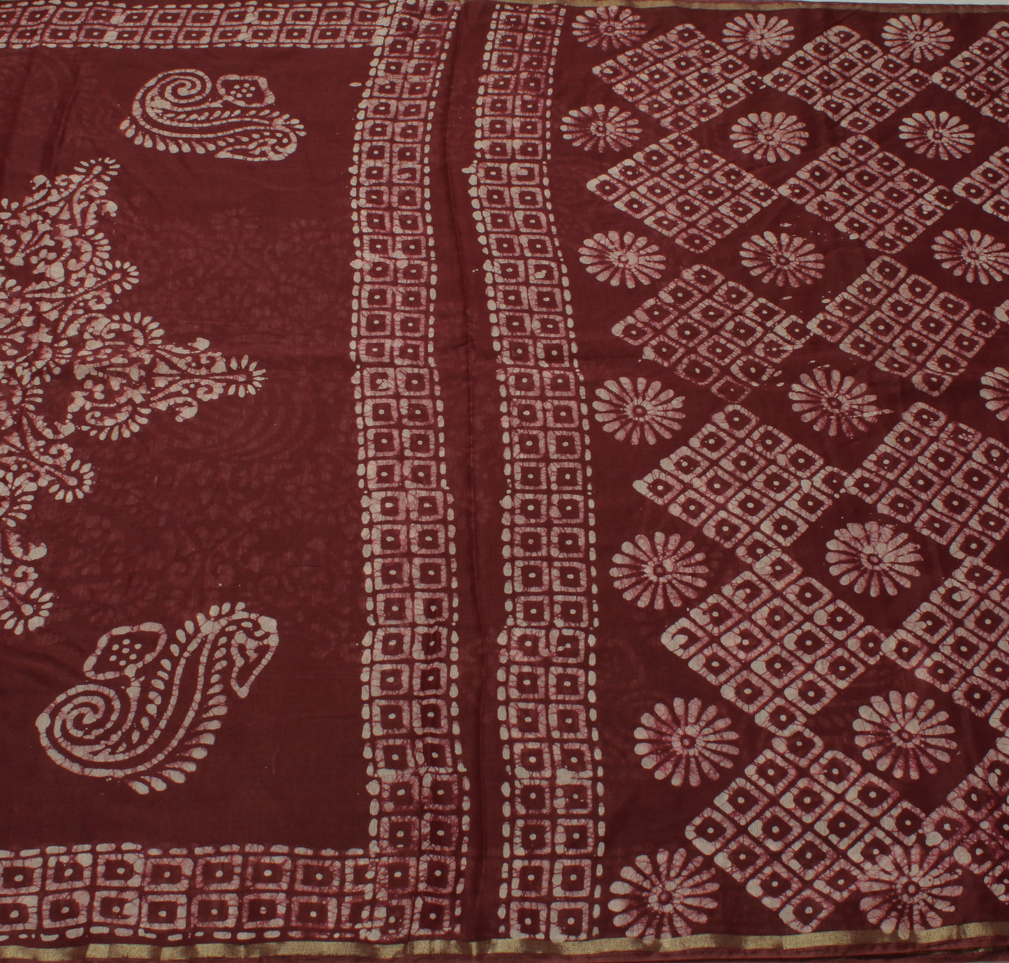 Sushila Vintage dark Maroon Indian Saree Blend Silk Batik Printed Craft Fabric