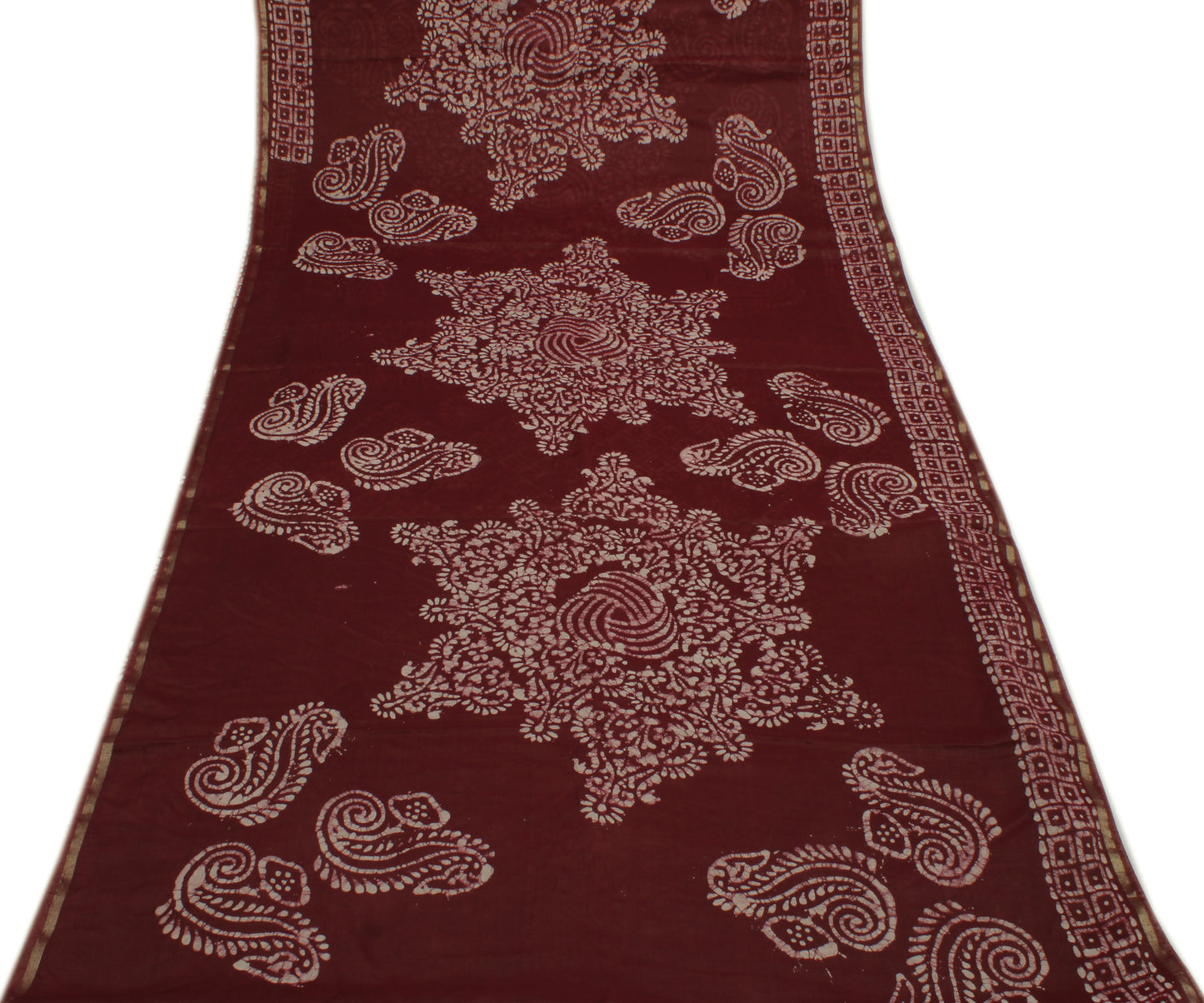 Sushila Vintage dark Maroon Indian Saree Blend Silk Batik Printed Craft Fabric