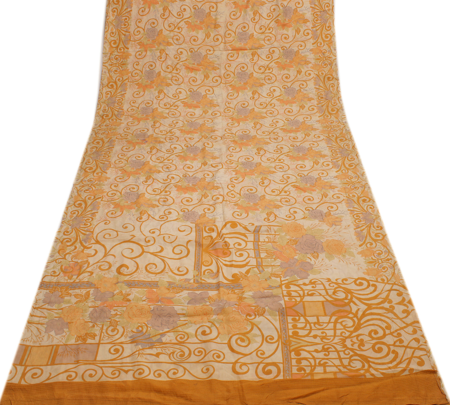 Sushila Vintage Cream Saree 100% Pure Silk Printed Floral Soft 5 YD Craft Fabric