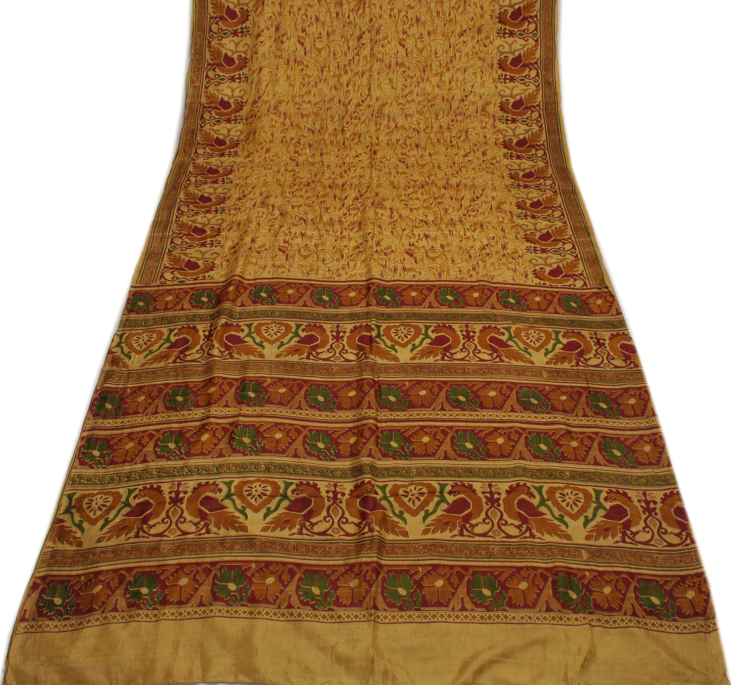 Sushila Vintage Brown Saree 100% Pure Silk Printed Floral Soft Craft Fabric