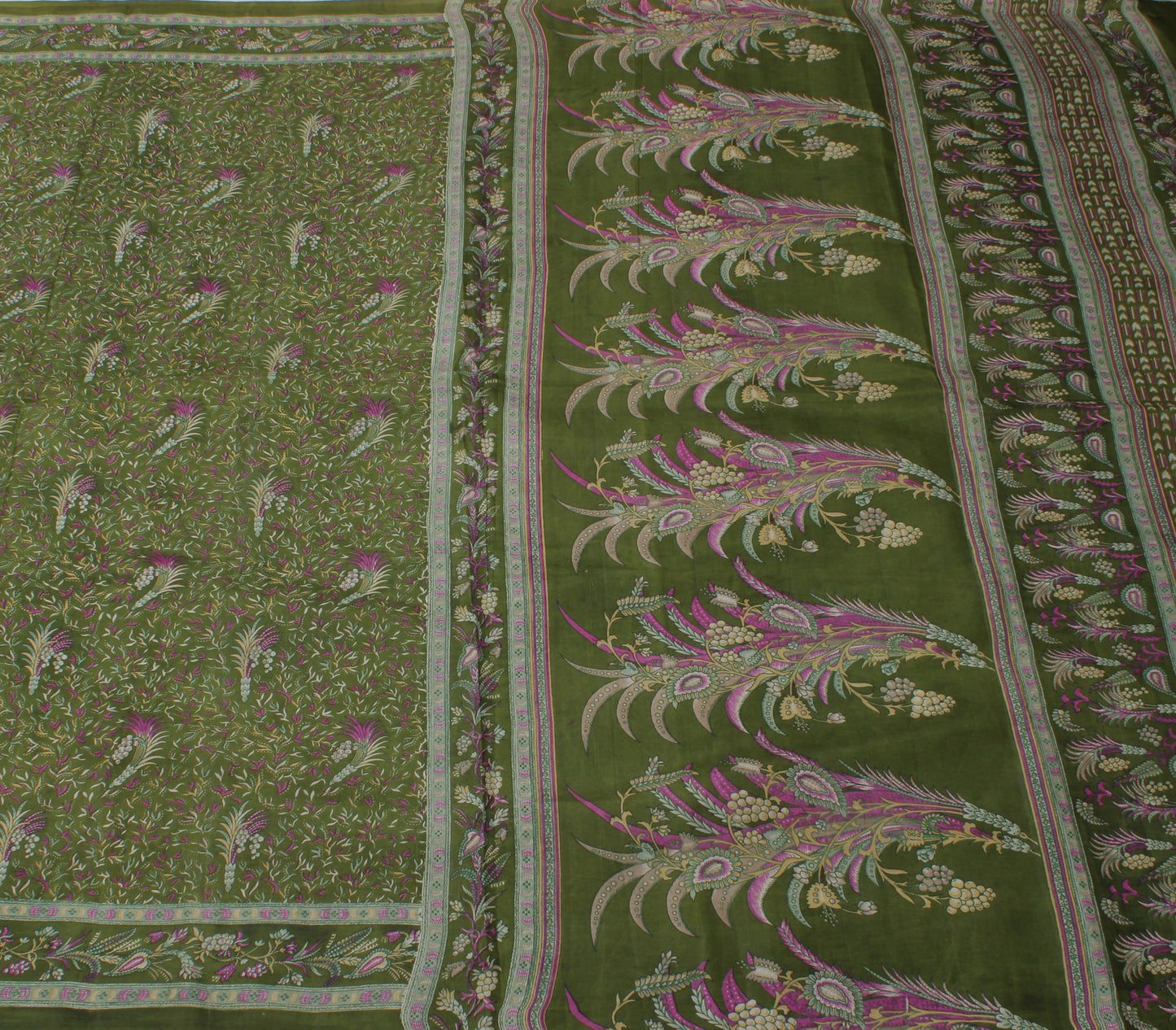 Sushila Vintage Green Saree 100% Pure Silk Printed Floral Soft Craft Fabric