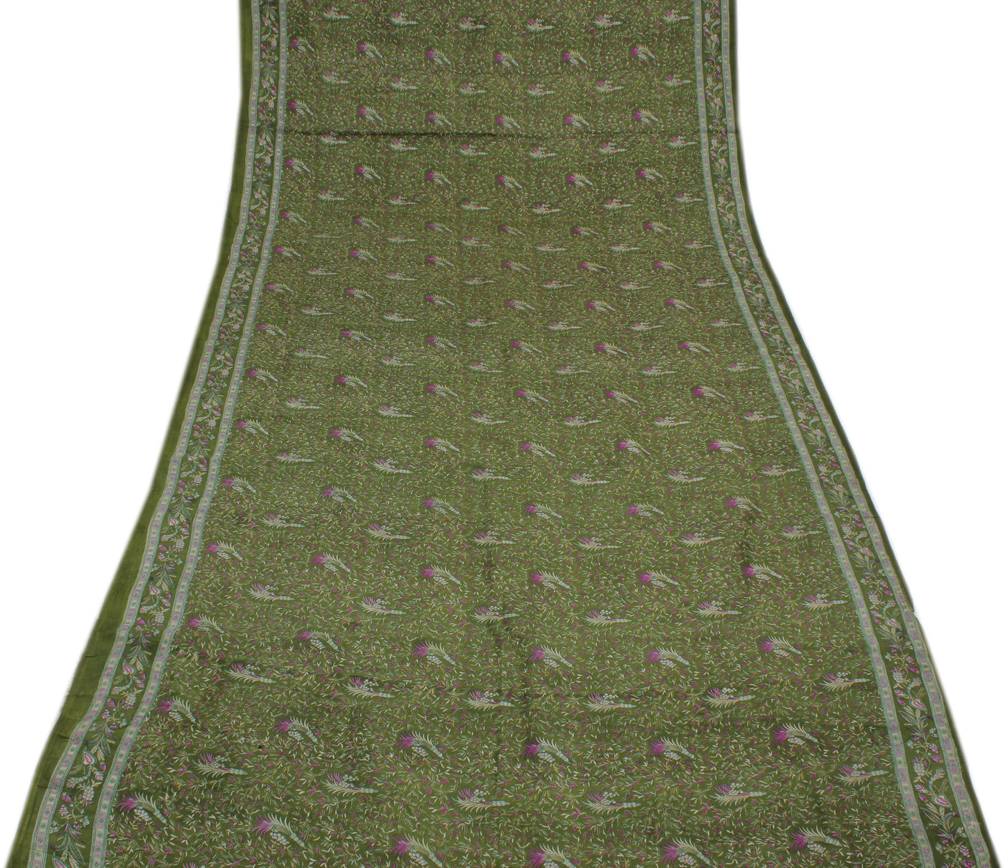 Sushila Vintage Green Saree 100% Pure Silk Printed Floral Soft Craft Fabric