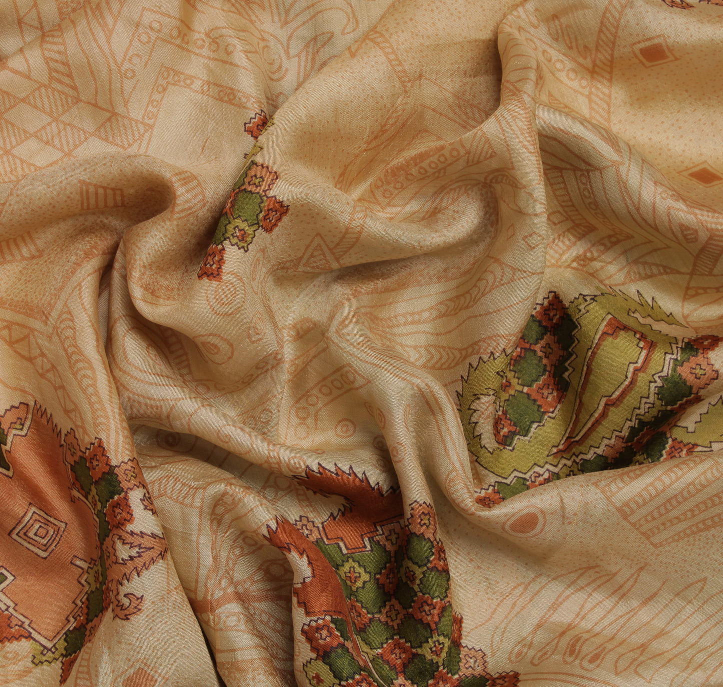 Sushila Vintage Cream Indian Saree 100% Pure Silk Printed Soft Sari Craft Fabric