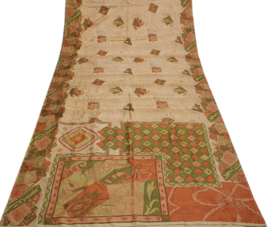 Sushila Vintage Cream Indian Saree 100% Pure Silk Printed Soft Sari Craft Fabric