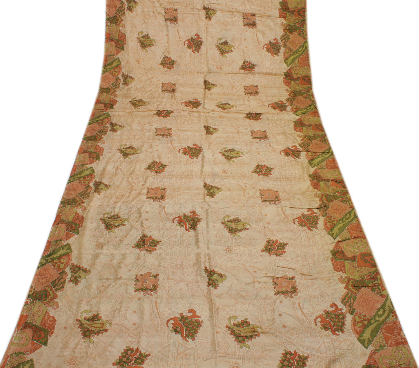 Sushila Vintage Cream Indian Saree 100% Pure Silk Printed Soft Sari Craft Fabric