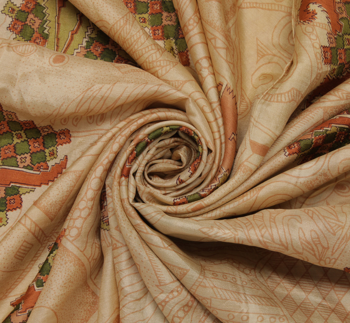 Sushila Vintage Cream Indian Saree 100% Pure Silk Printed Soft Sari Craft Fabric