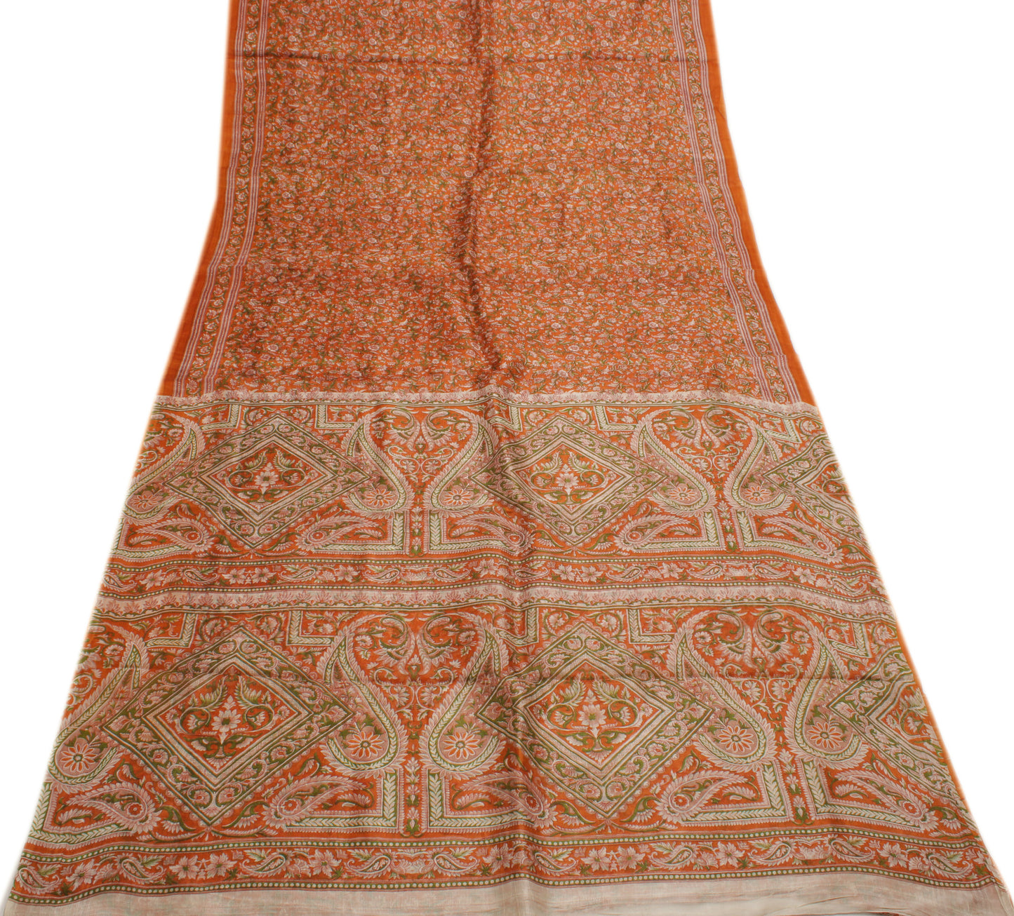 Sushila Vintage Orange Saree 100% Pure Silk Printed Floral 5 Yard  Craft Fabric