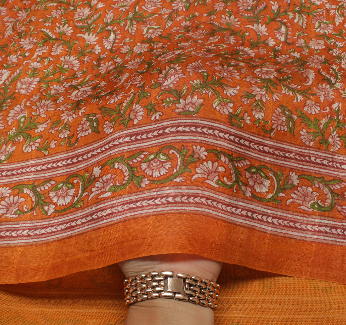 Sushila Vintage Orange Saree 100% Pure Silk Printed Floral 5 Yard  Craft Fabric