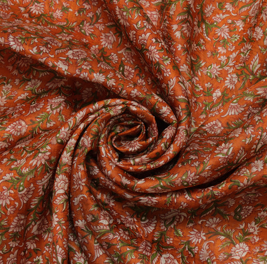 Sushila Vintage Orange Saree 100% Pure Silk Printed Floral 5 Yard  Craft Fabric