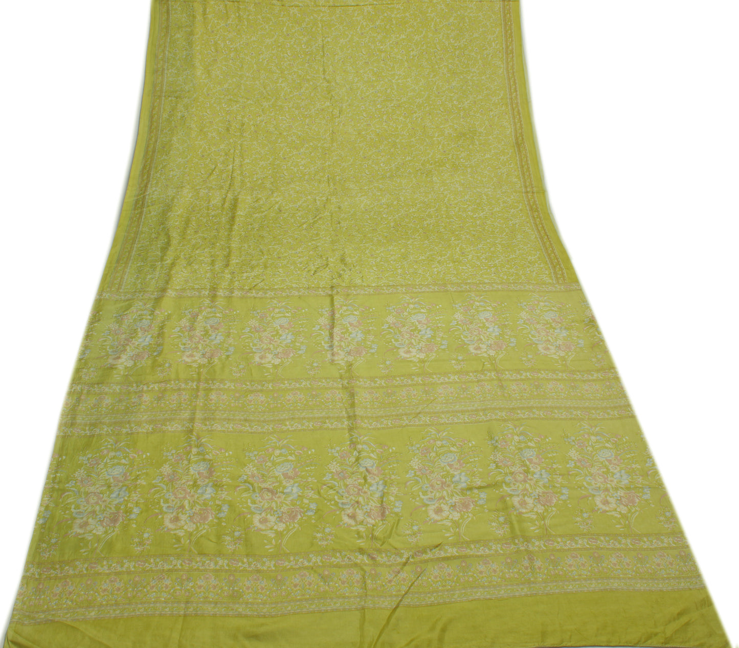 Sushila Vintage Green Saree 100% Pure Silk Printed Floral Soft 5 YD Craft Fabric