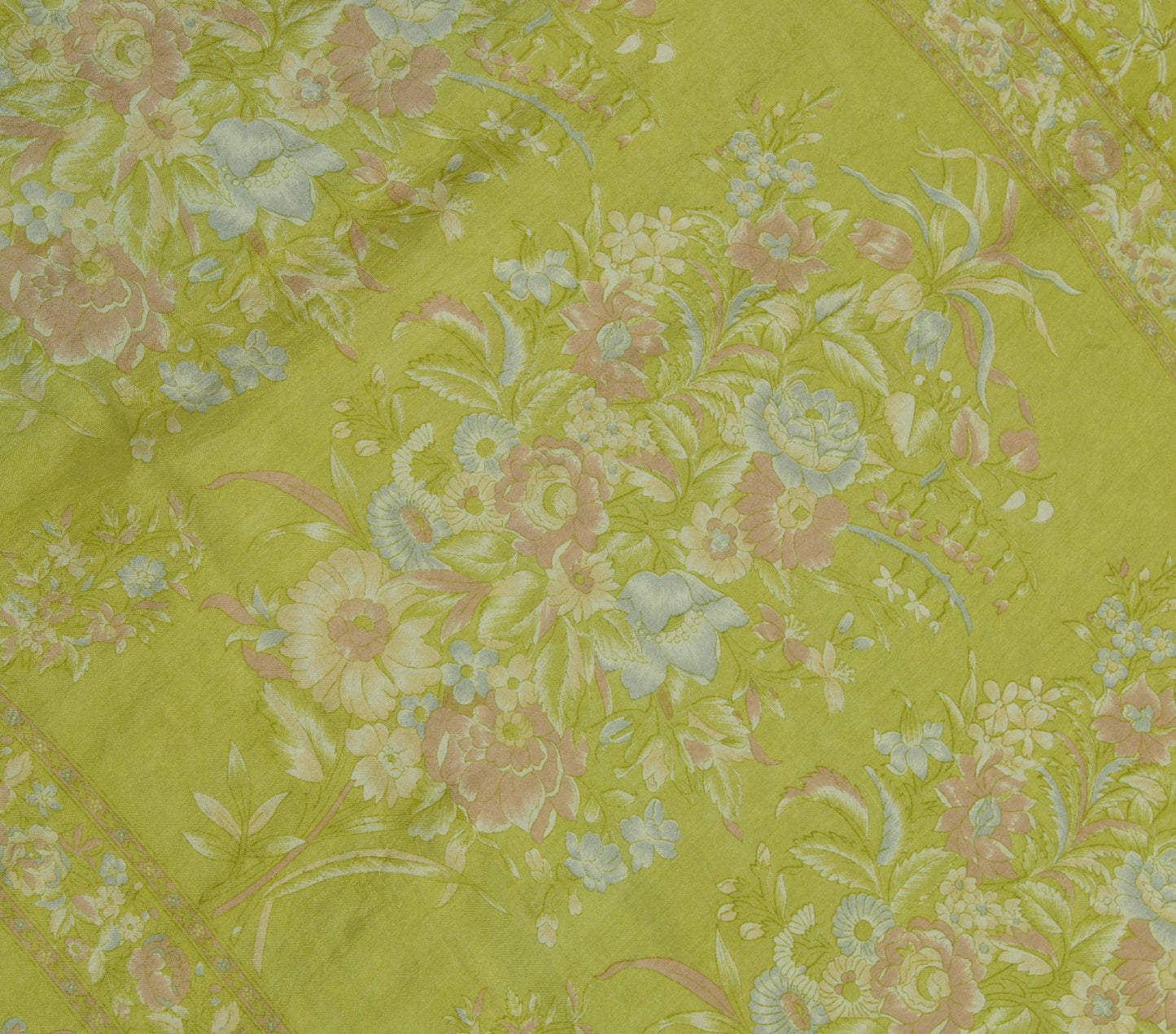 Sushila Vintage Green Saree 100% Pure Silk Printed Floral Soft 5 YD Craft Fabric