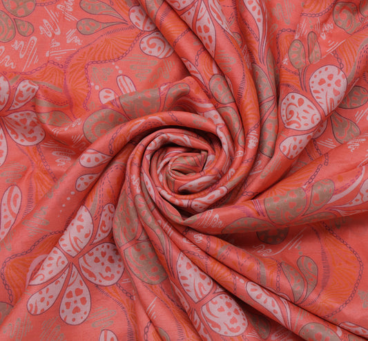 Sushila Vintage Peach Saree 100% Pure Silk Printed Floral Soft Sari Craft Fabric