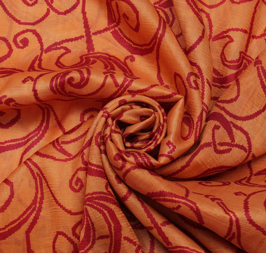 Sushila Vintage Orange Indian Saree 100% Pure Silk Printed Soft 5YD Craft Fabric