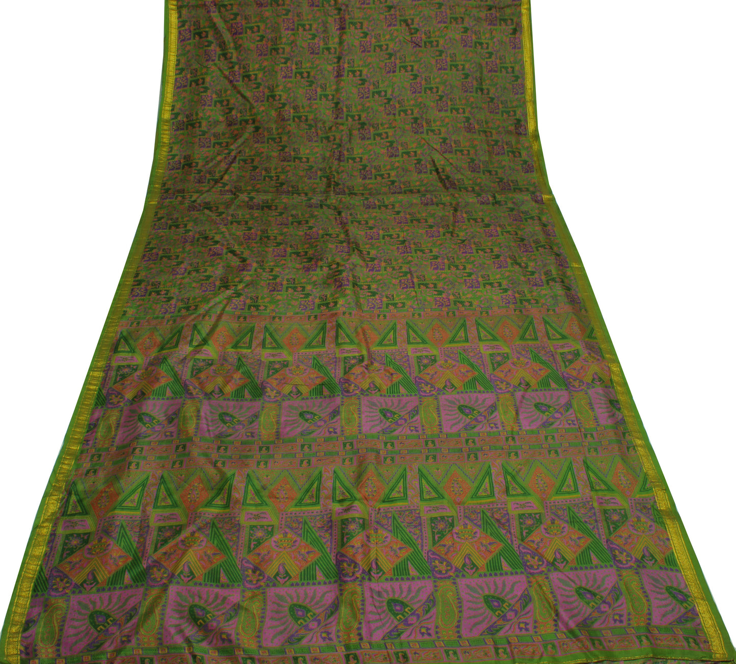 Sushila Vintage Green Saree 100% Pure Silk Printed Floral Soft Craft Fabric