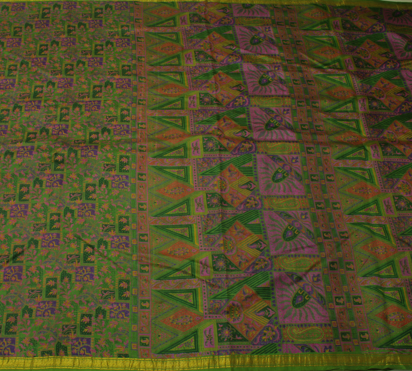 Sushila Vintage Green Saree 100% Pure Silk Printed Floral Soft Craft Fabric