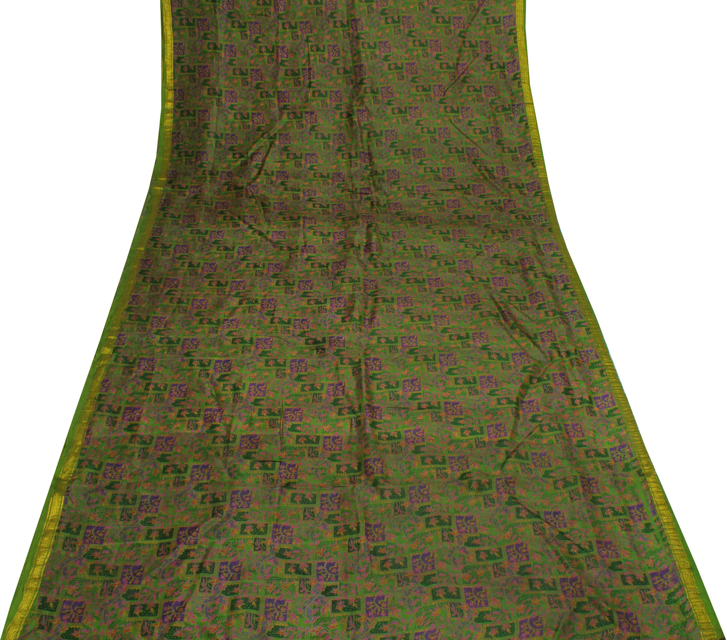 Sushila Vintage Green Saree 100% Pure Silk Printed Floral Soft Craft Fabric