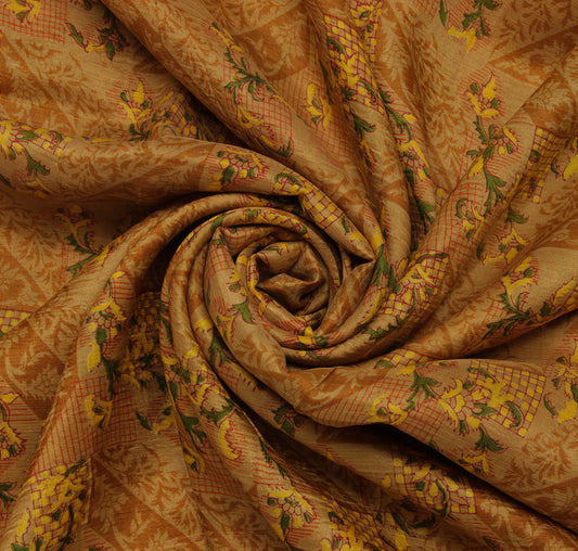 Sushila Vintage Brown Saree 100% Pure Silk Printed Floral Soft Sari Craft Fabric