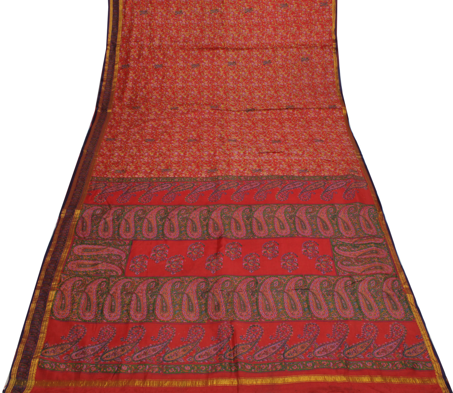 Sushila Vintage Red Saree 100% Pure Silk Printed Floral Soft 5 Yard Craft Fabric